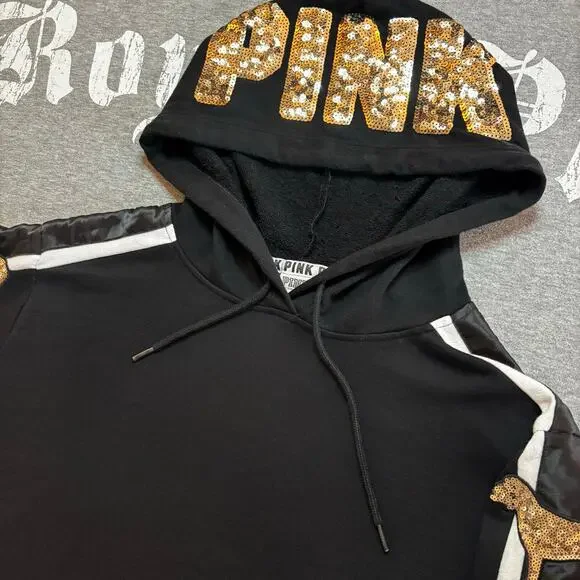 Victoria’s Secret PINK Gold Sequin Bling Pup Dog Pullover Hooded Sweatshirt - SM - Picture 3 of 11